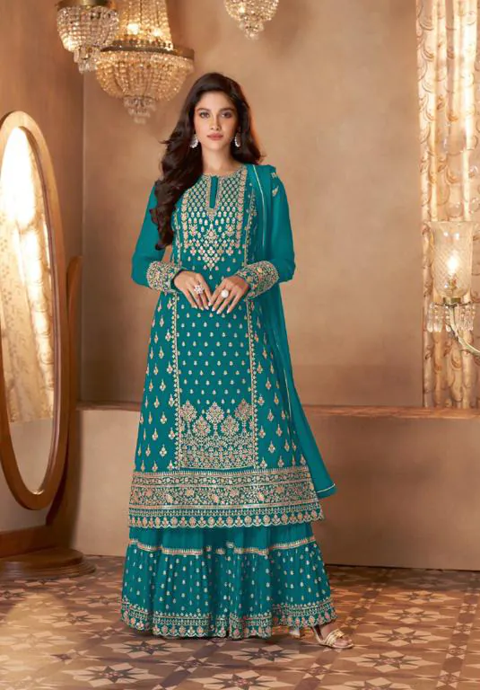 FC 128 Peacock Blue Color Georgette Sequins Work Sharara Suit Wedding, Party, Festive, Events Etc. Expected Delivery  4-6 Working Days @2199/- | Jump Suits, Salwar suit, Casual Suits, Creative suits, Designer Suits, Palazzo Suits, Party Wear Suits, Patiala Suits, Straight Suits