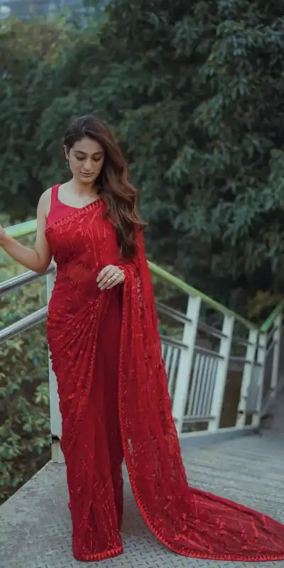 DF 3397 Red Color Georgette Multi & Sequins Embroidery Work With Lace Border On Saree Casual, Party Wear, Wedding, Events Etc. Expected Delivery 4-6 Working Days 1799/- | Sarees, Bollywood Sarees, Creative Sarees, Designer Sarees, Embroidered Sarees, Ethnic Saree, Modern Digital sarees, Party Wear Sarees