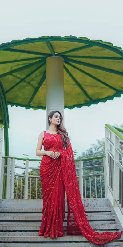 DF 3397 Red Color Georgette Multi & Sequins Embroidery Work With Lace Border On Saree Casual, Party Wear, Wedding, Events Etc. Expected Delivery 4-6 Working Days 1799/- | Sarees, Bollywood Sarees, Creative Sarees, Designer Sarees, Embroidered Sarees, Ethnic Saree, Modern Digital sarees, Party Wear Sarees