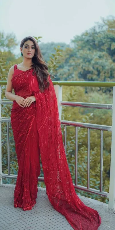 DF 3397 Red Color Georgette Multi & Sequins Embroidery Work With Lace Border On Saree Casual, Party Wear, Wedding, Events Etc. Expected Delivery 4-6 Working Days 1799/- | Sarees, Bollywood Sarees, Creative Sarees, Designer Sarees, Embroidered Sarees, Ethnic Saree, Modern Digital sarees, Party Wear Sarees