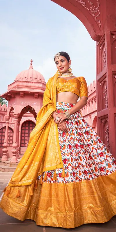 LNB1640 Mustard Color Dola Silk Patola Foil Printed Lehenga Choli Traditional Wear, Festive, Party, Wedding, Events etc. Expected 4-6 Working Days @1799/- | Lehenga, Bollywood Lehenga, Creative Lehenga, Designer Lehenga, Embroidered Lehenga, Party Wear Lehenga