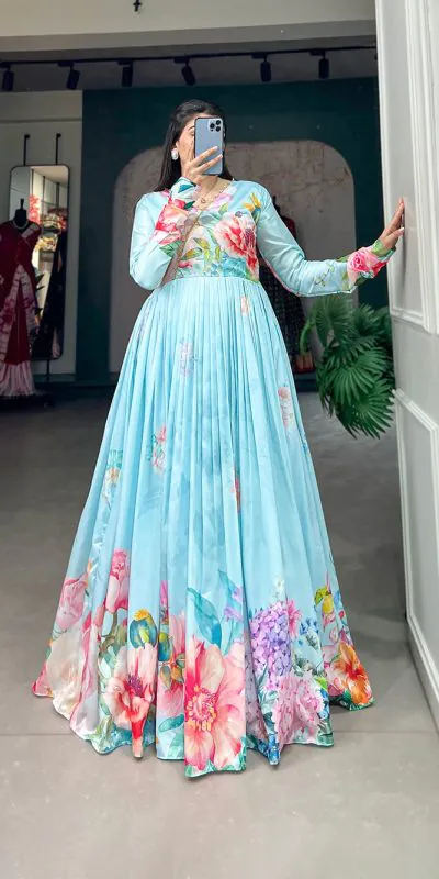 YNF 5018 Blue Color tussah silk Floral Printed gown Casual, Wedding, Party, Festive, Events Etc. Expected Delivery 4-6 Working Days @1899/- | Gowns, Bollywood Gowns, Creative Gowns, Designer Gowns, Embroidered Gowns, Party Wear Gowns