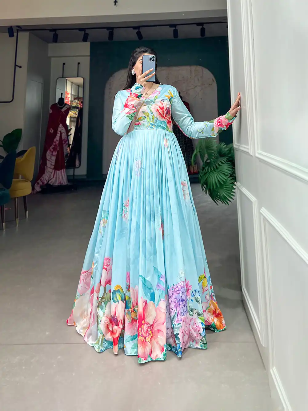 YNF 5018 Blue Color tussah silk Floral Printed gown Casual, Wedding, Party, Festive, Events Etc. Expected Delivery 4-6 Working Days @1899/- | Gowns, Bollywood Gowns, Creative Gowns, Designer Gowns, Embroidered Gowns, Party Wear Gowns