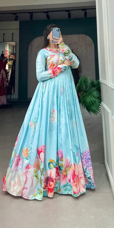 YNF 5018 Blue Color tussah silk Floral Printed gown Casual, Wedding, Party, Festive, Events Etc. Expected Delivery 4-6 Working Days @1899/- | Gowns, Bollywood Gowns, Creative Gowns, Designer Gowns, Embroidered Gowns, Party Wear Gowns