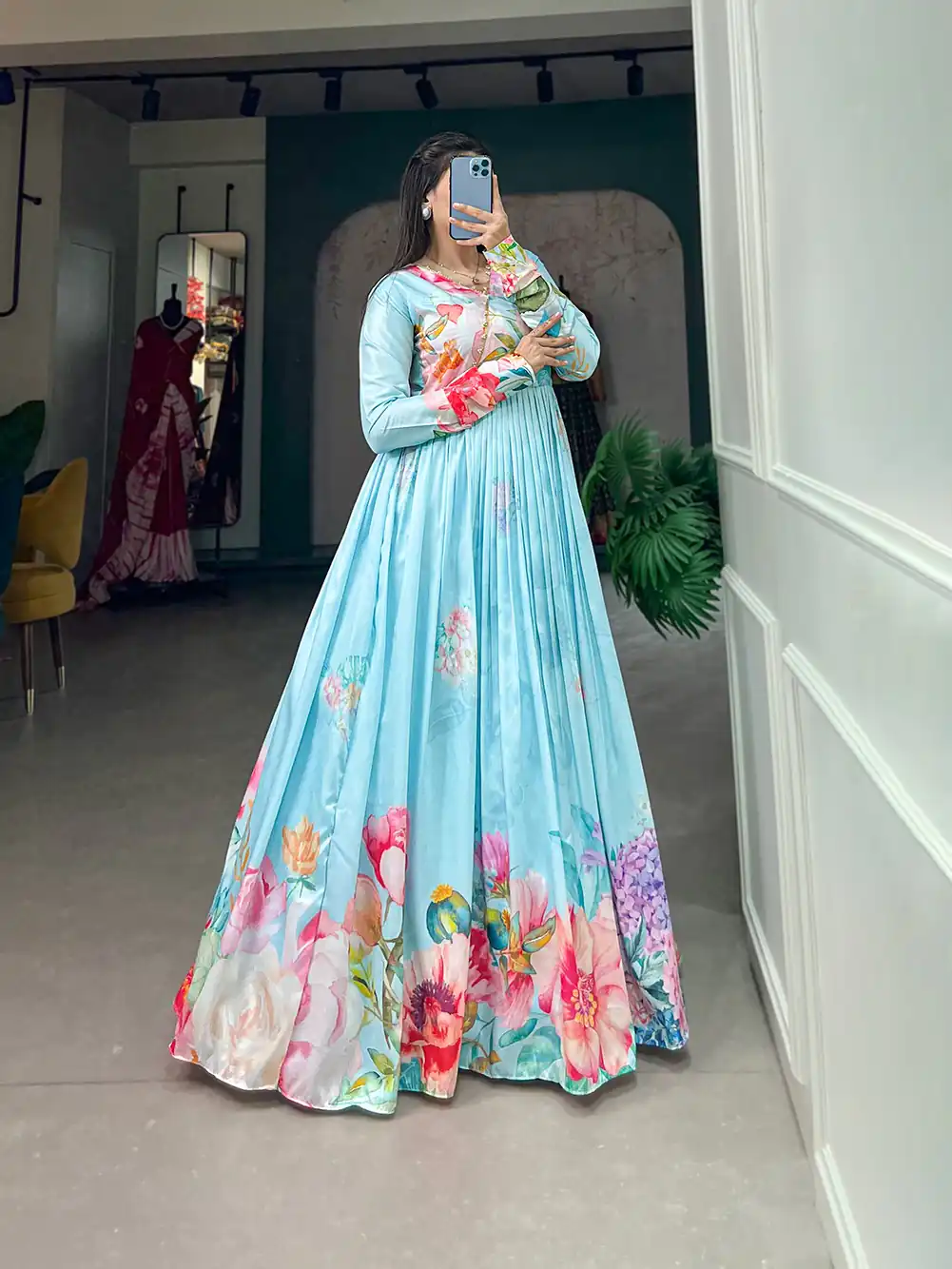 YNF 5018 Blue Color tussah silk Floral Printed gown Casual, Wedding, Party, Festive, Events Etc. Expected Delivery 4-6 Working Days @1899/- | Gowns, Bollywood Gowns, Creative Gowns, Designer Gowns, Embroidered Gowns, Party Wear Gowns
