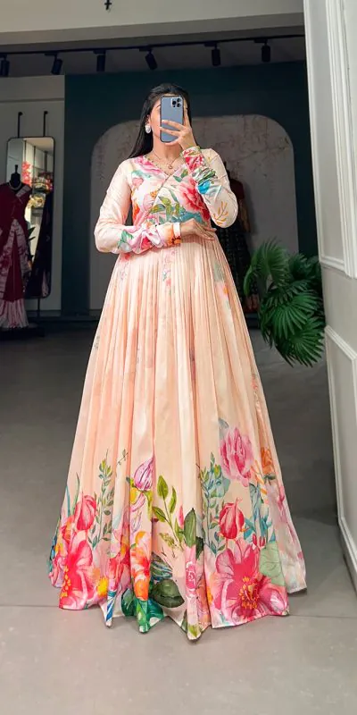 YNF 5018 Light Orange Color tussah silk Floral Printed Gown Casual, Wedding, Party, Festive, Events Etc. Expected Delivery 4-6 Working Days @1899/- | Gowns, Bollywood Gowns, Creative Gowns, Designer Gowns, Embroidered Gowns, Party Wear Gowns