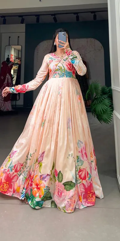 YNF 5018 Light Orange Color tussah silk Floral Printed Gown Casual, Wedding, Party, Festive, Events Etc. Expected Delivery 4-6 Working Days @1899/- | Gowns, Bollywood Gowns, Creative Gowns, Designer Gowns, Embroidered Gowns, Party Wear Gowns