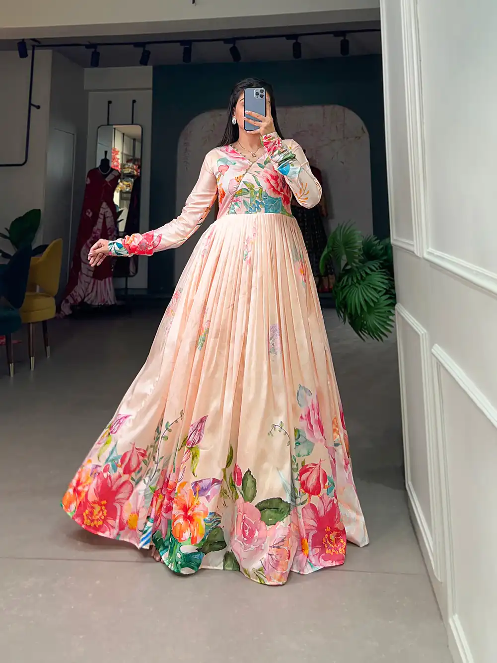 YNF 5018 Light Orange Color tussah silk Floral Printed Gown Casual, Wedding, Party, Festive, Events Etc. Expected Delivery 4-6 Working Days @1899/- | Gowns, Bollywood Gowns, Creative Gowns, Designer Gowns, Embroidered Gowns, Party Wear Gowns