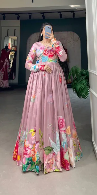YNF 5018 Onion Pink Color tussah silk Floral Printed Gown Casual, Wedding, Party, Festive, Events Etc. Expected Delivery 4-6 Working Days @1899/- | Gowns, Bollywood Gowns, Creative Gowns, Designer Gowns, Embroidered Gowns, Party Wear Gowns