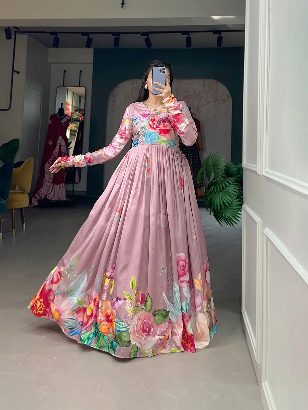 YNF 5018 Onion Pink Color tussah silk Floral Printed Gown Casual, Wedding, Party, Festive, Events Etc. Expected Delivery 4-6 Working Days @1899/- | Gowns, Bollywood Gowns, Creative Gowns, Designer Gowns, Embroidered Gowns, Party Wear Gowns