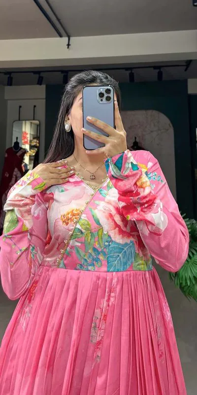 YNF 5018 Pink Color tussah silk Floral Printed gown Casual, Wedding, Party, Festive, Events Etc. Expected Delivery 4-6 Working Days @1899/- | Gowns, Bollywood Gowns, Creative Gowns, Designer Gowns, Embroidered Gowns, Party Wear Gowns