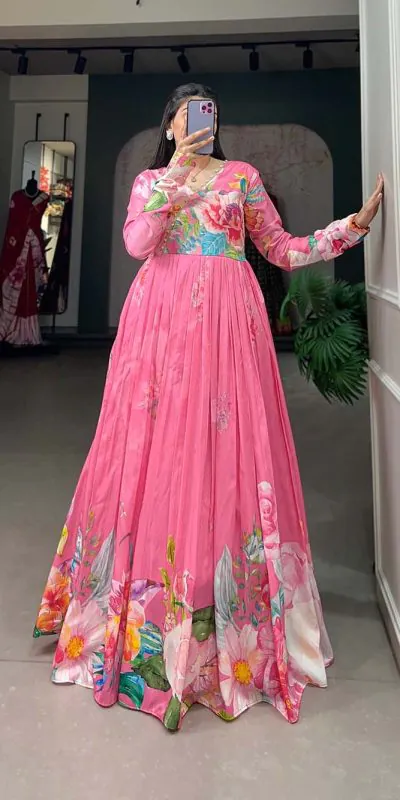 YNF 5018 Pink Color tussah silk Floral Printed gown Casual, Wedding, Party, Festive, Events Etc. Expected Delivery 4-6 Working Days @1899/- | Gowns, Bollywood Gowns, Creative Gowns, Designer Gowns, Embroidered Gowns, Party Wear Gowns