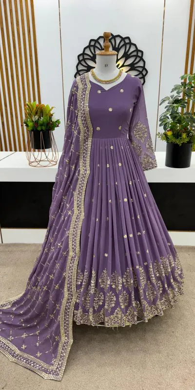 ZF 359 Light Purple Color Georgette Embroidery Sequence Work Gown Casual, Wedding, Party, Festive, Events Etc. Expected Delivery 4-6 Working Days @1999/- | Gowns, Bollywood Gowns, Creative Gowns, Designer Gowns, Embroidered Gowns, Party Wear Gowns