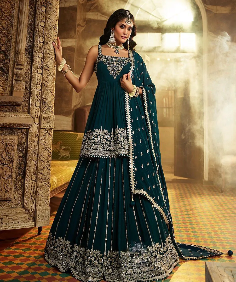 ZF 369 Peacock Green Color Faux Georgette Embroidery Sequence Work Lehenga Wedding, Party, Events Etc. Expected Delivery 4-6 Working Days 2299/- | Lehenga, Bollywood Lehenga, Creative Lehenga, Designer Lehenga, Embroidered Lehenga, Party Wear Lehenga