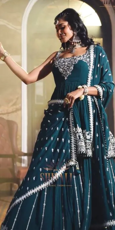 ZF 369 Peacock Green Color Faux Georgette Embroidery Sequence Work Lehenga Wedding, Party, Events Etc. Expected Delivery 4-6 Working Days 2299/- | Lehenga, Bollywood Lehenga, Creative Lehenga, Designer Lehenga, Embroidered Lehenga, Party Wear Lehenga
