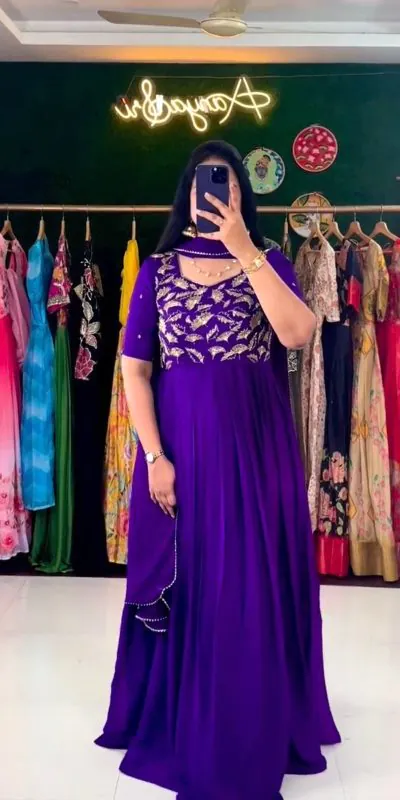 RTC 5669 Violet  Color Georgette Embroidery Sequence Work Gown Casual, Wedding, Party, Festive, Events Etc. Expected Delivery 4-6 Working Days @1999/- | Gowns, Bollywood Gowns, Creative Gowns, Designer Gowns, Embroidered Gowns, Party Wear Gowns