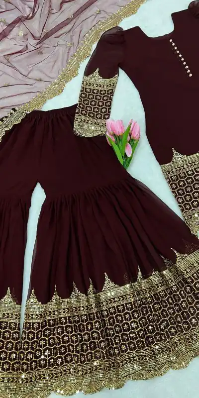 ZF 250 Maroon Color Faux Georgette Embroidery Sequence Work Sharara Suit Wedding, Party, Festive, Events Etc. Expected Delivery 4-6 Working Days @1999/- | Jump Suits, Salwar suit, Casual Suits, Creative suits, Designer Suits, Palazzo Suits, Party Wear Suits, Patiala Suits, Straight Suits