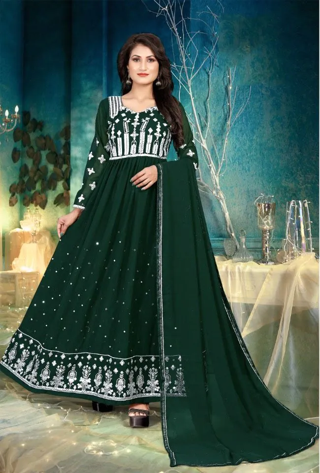 DS 1130 Green color Georgette with Foil Embroidery Stone Work Anarkali Suit Wedding, Festive, Events Etc. Expected Delivery 4-6 Working Days @1999/- | Anarkali Suits, Bollywood Anarkali, Creative-Anarkali, Designer Anarkali, Embroidered Anarkali, Party Wear Anarkali