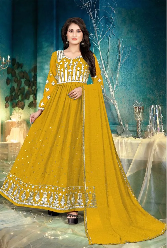 DS 1130 Yellow color Georgette with Foil Embroidery Stone Work Anarkali Suit Wedding, Party, Festive, Events Etc. Expected Delivery 4-6 Working Days @1999/- | Anarkali Suits, Bollywood Anarkali, Creative-Anarkali, Designer Anarkali, Embroidered Anarkali, Party Wear Anarkali