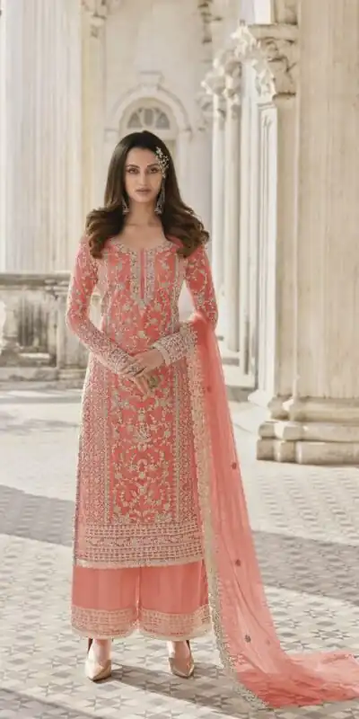 S 3304 Orange Top : Butterfly Net Work : Embroidery Work Wedding, Festive, Events Embroidered Sharara @2299 | Salwar suit, Casual Suits, Creative suits, Designer Suits, Palazzo Suits, Party Wear Suits, Straight Suits