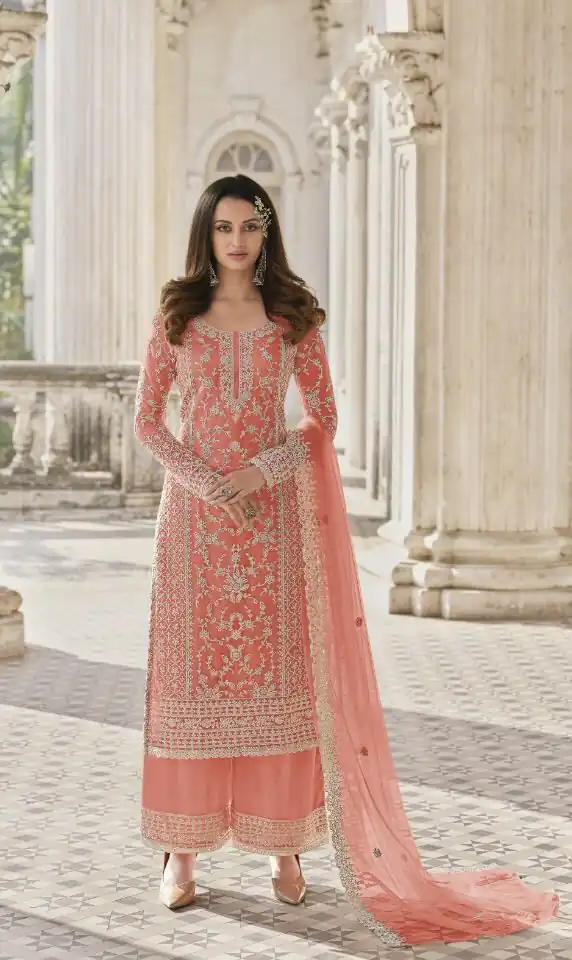 S 3304 Orange Top : Butterfly Net Work : Embroidery Work Wedding, Festive, Events Embroidered Sharara @2299 | Salwar suit, Casual Suits, Creative suits, Designer Suits, Palazzo Suits, Party Wear Suits, Straight Suits
