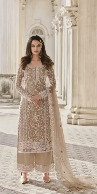 S 3304 Peach Color Top : Butterfly Net Work : Embroidery Work Wedding, Party, Festive, Events Etc. Embroidered Sharara @2299 | Salwar suit, Casual Suits, Creative suits, Designer Suits, Palazzo Suits, Party Wear Suits, Straight Suits