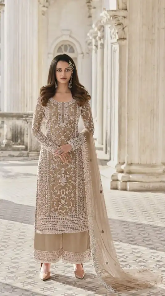 S 3304 Peach Color Top : Butterfly Net Work : Embroidery Work Wedding, Party, Festive, Events Etc. Embroidered Sharara @2299 | Salwar suit, Casual Suits, Creative suits, Designer Suits, Palazzo Suits, Party Wear Suits, Straight Suits