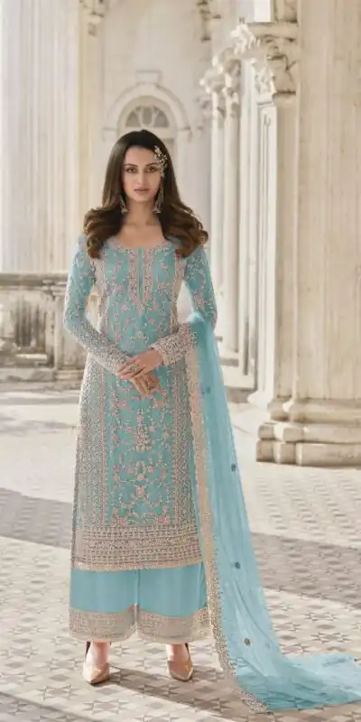 S 3304 Sky Blue Top : Butterfly Net Work : Embroidery Work Wedding, Festive, Events Embroidered Sharara @2299 | Salwar suit, Casual Suits, Creative suits, Designer Suits, Palazzo Suits, Party Wear Suits, Straight Suits