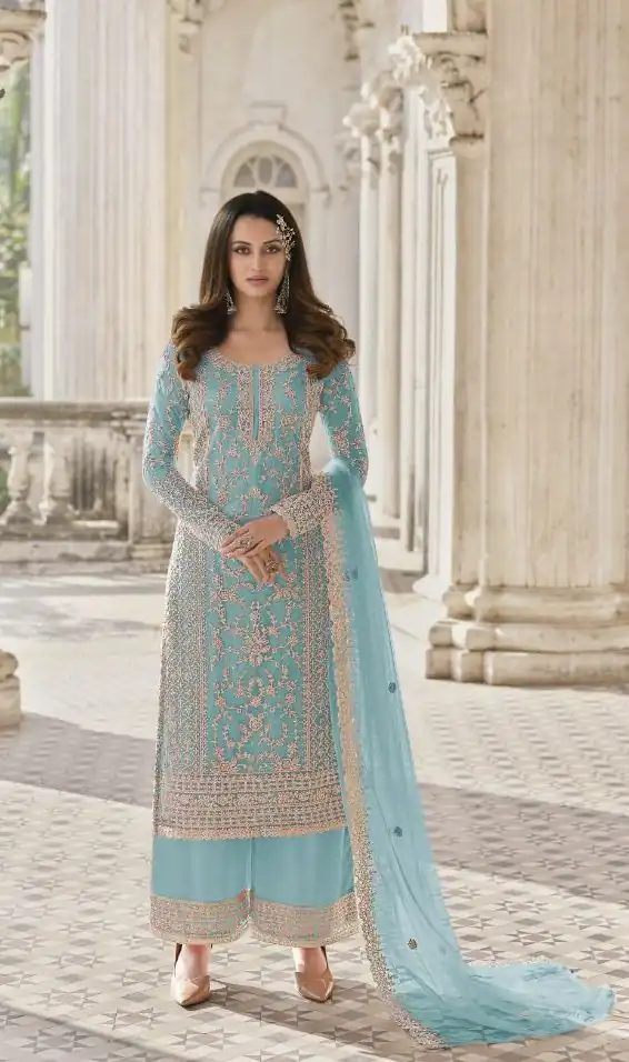 S 3304 Sky Blue Top : Butterfly Net Work : Embroidery Work Wedding, Festive, Events Embroidered Sharara @2299 | Salwar suit, Casual Suits, Creative suits, Designer Suits, Palazzo Suits, Party Wear Suits, Straight Suits