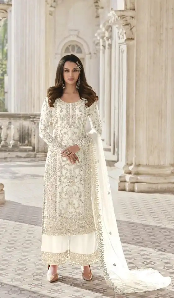 S 3304 White Color Top : Butterfly Net Work : Embroidery Work Wedding, Party, Festive, Events Etc. Embroidered Sharara @2299 | Salwar suit, Casual Suits, Creative suits, Designer Suits, Palazzo Suits, Party Wear Suits, Straight Suits