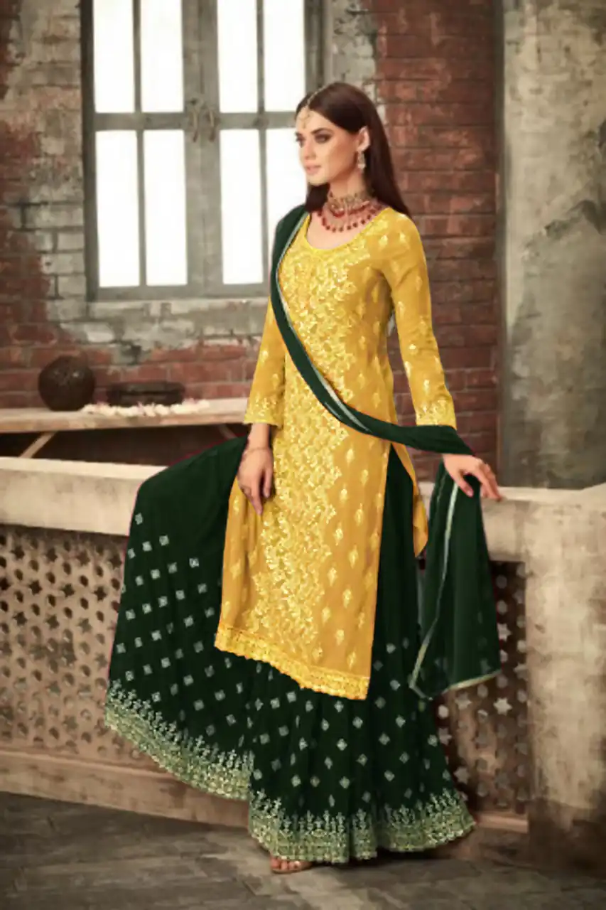 MOHINI 57000 Yellow & Green Color: Yellow & Green Fabrics:  Top :- Georgette Embroidery Work Work :- Embroidery WorkDupatta:- Nazmin Chiffon | Salwar suit, Casual Suits, Creative suits, Designer Suits, Palazzo Suits, Party Wear Suits, Straight Suits