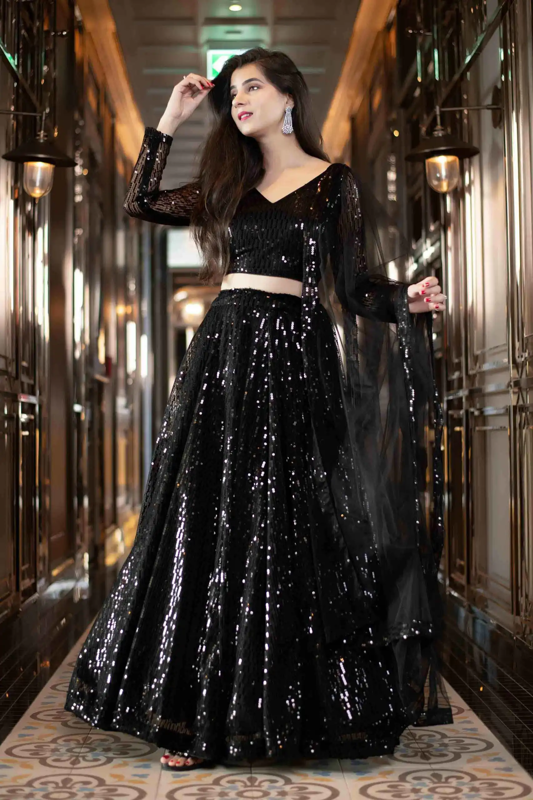 RC-190 Black Lehenga :- Fabric : Heavy Net With Thread Embroidery And Heavy Sequence Work. Blouse :- Fabric : Georgette With Sequence Work | Lehenga, Bollywood Lehenga, Creative Lehenga, Designer Lehenga, Embroidered Lehenga, Party Wear Lehenga