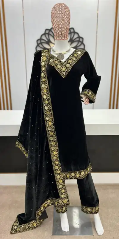 NSR 780 Black Color Gown Viscose Velvet with Embroidery Sequence Work Inner : Micro Cotton Traditional Wear, Wedding, Festive, Events. @2149/- | Salwar suit, Casual Suits, Creative suits, Designer Suits, Palazzo Suits, Party Wear Suits, Straight Suits