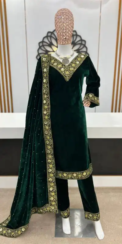 NSR 780 Green Color Gown Viscose Velvet with Embroidery Sequence Work Inner : Micro Cotton Traditional Wear, Wedding, Festive, Events. @2149/- | Salwar suit, Casual Suits, Creative suits, Designer Suits, Palazzo Suits, Party Wear Suits, Straight Suits