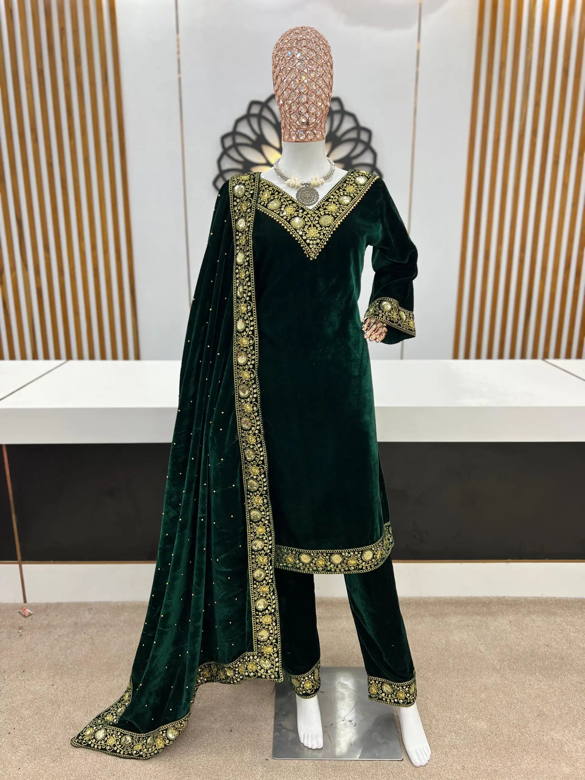 NSR 780 Green Color Gown Viscose Velvet with Embroidery Sequence Work Inner : Micro Cotton Traditional Wear, Wedding, Festive, Events. @2149/- | Salwar suit, Casual Suits, Creative suits, Designer Suits, Palazzo Suits, Party Wear Suits, Straight Suits