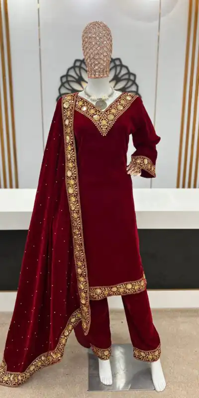 NSR 780 Maroon Color Gown Viscose Velvet with Embroidery Sequence Work Inner : Micro Cotton Traditional Wear, Wedding, Festive, Events. @2149/- | Jump Suits, Salwar suit, Casual Suits, Creative suits, Designer Suits, Palazzo Suits, Party Wear Suits, Straight Suits