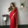 Brilliant Red Color Printed Georgette With Sequence Embroidery Lace Saree