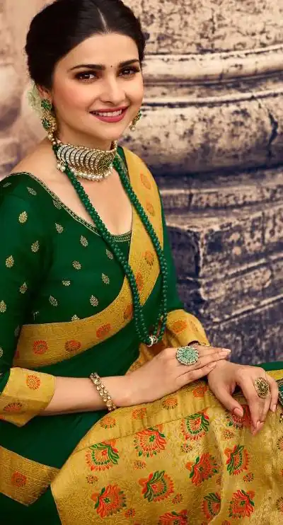 Exemplary Dark Green Saree : Georgette Work : Digital Print With Heavy Embroidered Lace Border Blouse : Banglori Silk Daily, Casual, Festive @1899/- | Designer Sarees, Sarees, Bollywood Sarees, Creative Sarees, Embroidered Sarees, Ethnic Saree, Modern Digital sarees, Party Wear Sarees