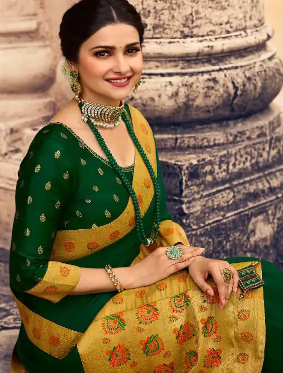 Exemplary Dark Green Saree : Georgette Work : Digital Print With Heavy Embroidered Lace Border Blouse : Banglori Silk Daily, Casual, Festive @1899/- | Designer Sarees, Sarees, Bollywood Sarees, Creative Sarees, Embroidered Sarees, Ethnic Saree, Modern Digital sarees, Party Wear Sarees