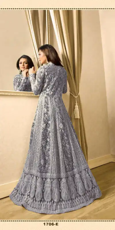 LT 1706 GreyColor: GreyFabrics: Top Fabric :Georgette Bottom Fabric : Santoon Dupatta Fabric : NazmeenStitch Type: Semi-Sttiched | Anarkali Suits, Bollywood Anarkali, Creative-Anarkali, Designer Anarkali, Embroidered Anarkali, Party Wear Anarkali