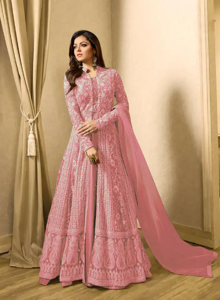 T 1706 PinkColor: PinkFabrics: Top Fabric :Georgette Bottom Fabric : Santoon Dupatta Fabric : NazmeenStitch Type: Semi-Sttiched | Anarkali Suits, Bollywood Anarkali, Creative-Anarkali, Designer Anarkali, Embroidered Anarkali, Party Wear Anarkali