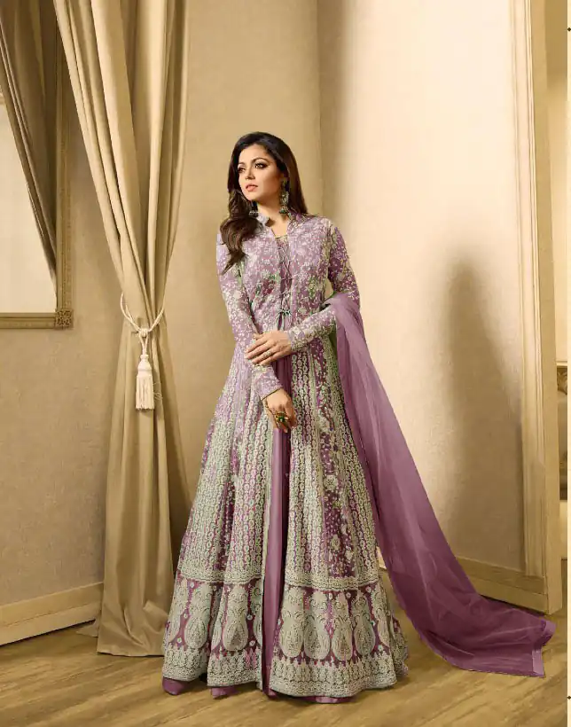 LT 1706 PurpleColor: PurpleFabrics: Top Fabric :Georgette Bottom Fabric : Santoon Dupatta Fabric : NazmeenStitch Type: Semi-Sttiched | Anarkali Suits, Bollywood Anarkali, Creative-Anarkali, Designer Anarkali, Embroidered Anarkali, Party Wear Anarkali