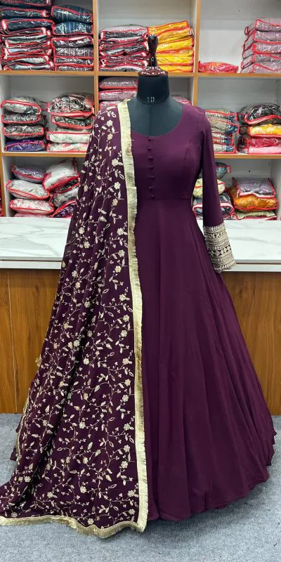 KB 241 Wine color Pure Soft Faux Georgette Anarkali Suit Casual, Wedding, Party, Festive, Events Etc. Expected Delivery  4-6 Working Days @2199/- | Anarkali Suits, Bollywood Anarkali, Creative-Anarkali, Designer Anarkali, Embroidered Anarkali, Party Wear Anarkali