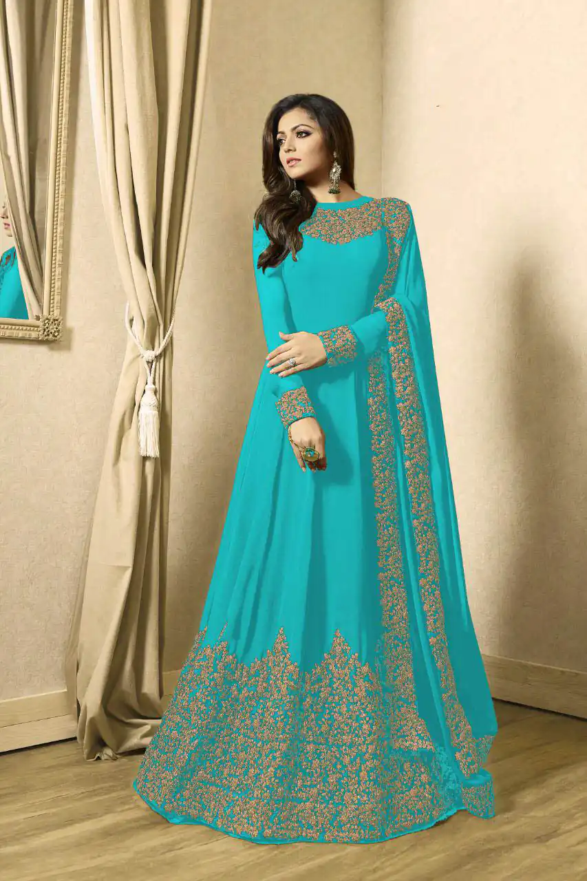 Color : Sky BlueSet Content : 1 Top :: 1 Bottom :: 1 DupattaFabrics : Top Fabric :Georgette Bottom Fabric : Santoon Dupatta Fabric :Nazmeen | Anarkali Suits, Bollywood Anarkali, Creative-Anarkali, Designer Anarkali, Embroidered Anarkali, Party Wear Anarkali