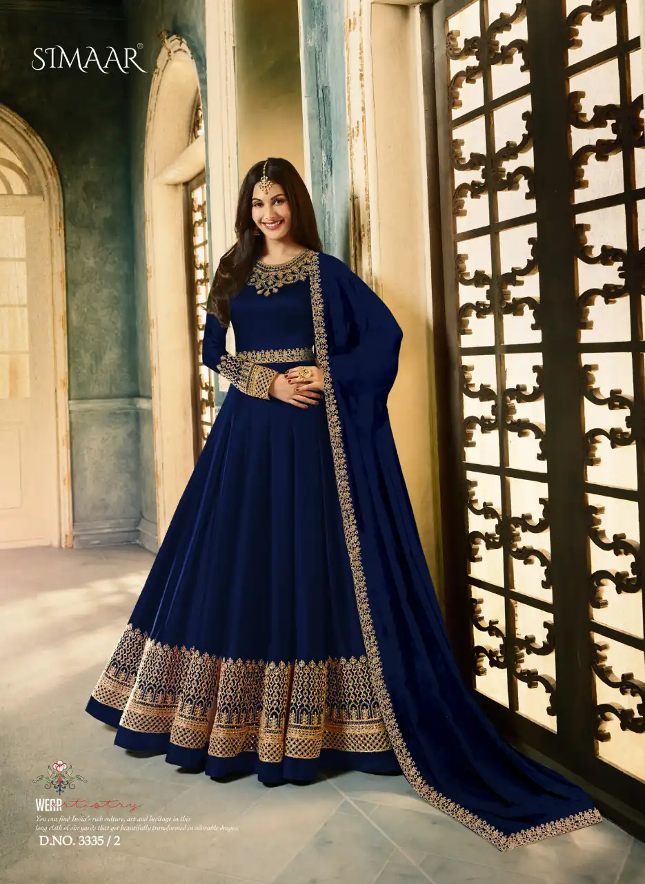 Glossy Simaar 3335 Blue Color: Blue Fabrics: Top :- Rangoli with Cording WorkSleeves:- Rangoli with Embroidered Work Dupatta:- Nazmin Embroidery Work | Anarkali Suits, Bollywood Anarkali, Creative-Anarkali, Designer Anarkali, Embroidered Anarkali, Party Wear Anarkali