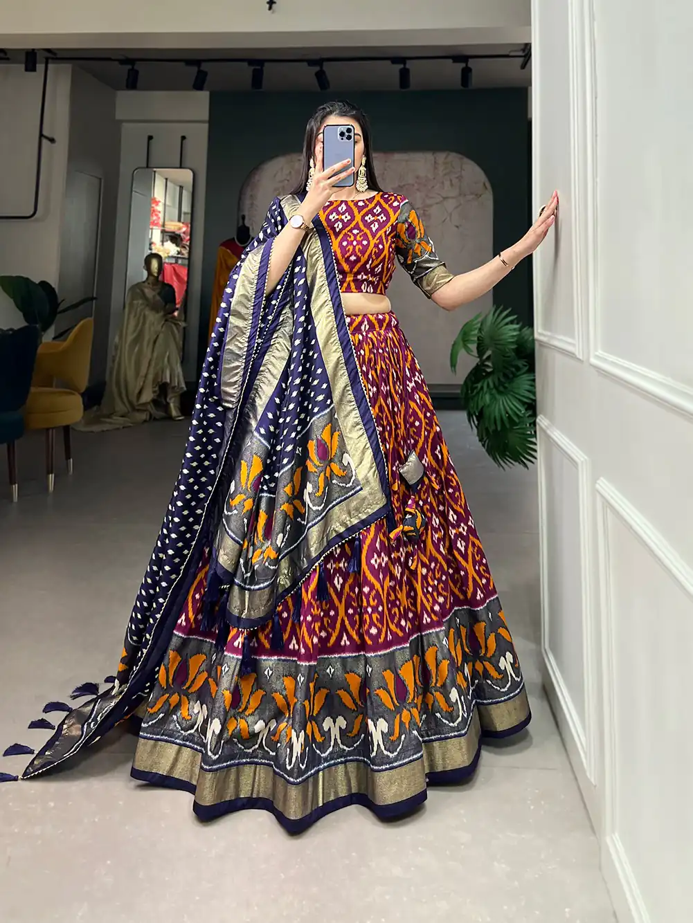 LNB 1615 Multi Color Tussar Silk Drawstring & Printed With Foil Print & Heavy Tassels Lehenga Choli ? Expected Delivery 4-6 Working Days 2449/- | Lehenga, Bollywood Lehenga, Creative Lehenga, Designer Lehenga, Embroidered Lehenga, Party Wear Lehenga