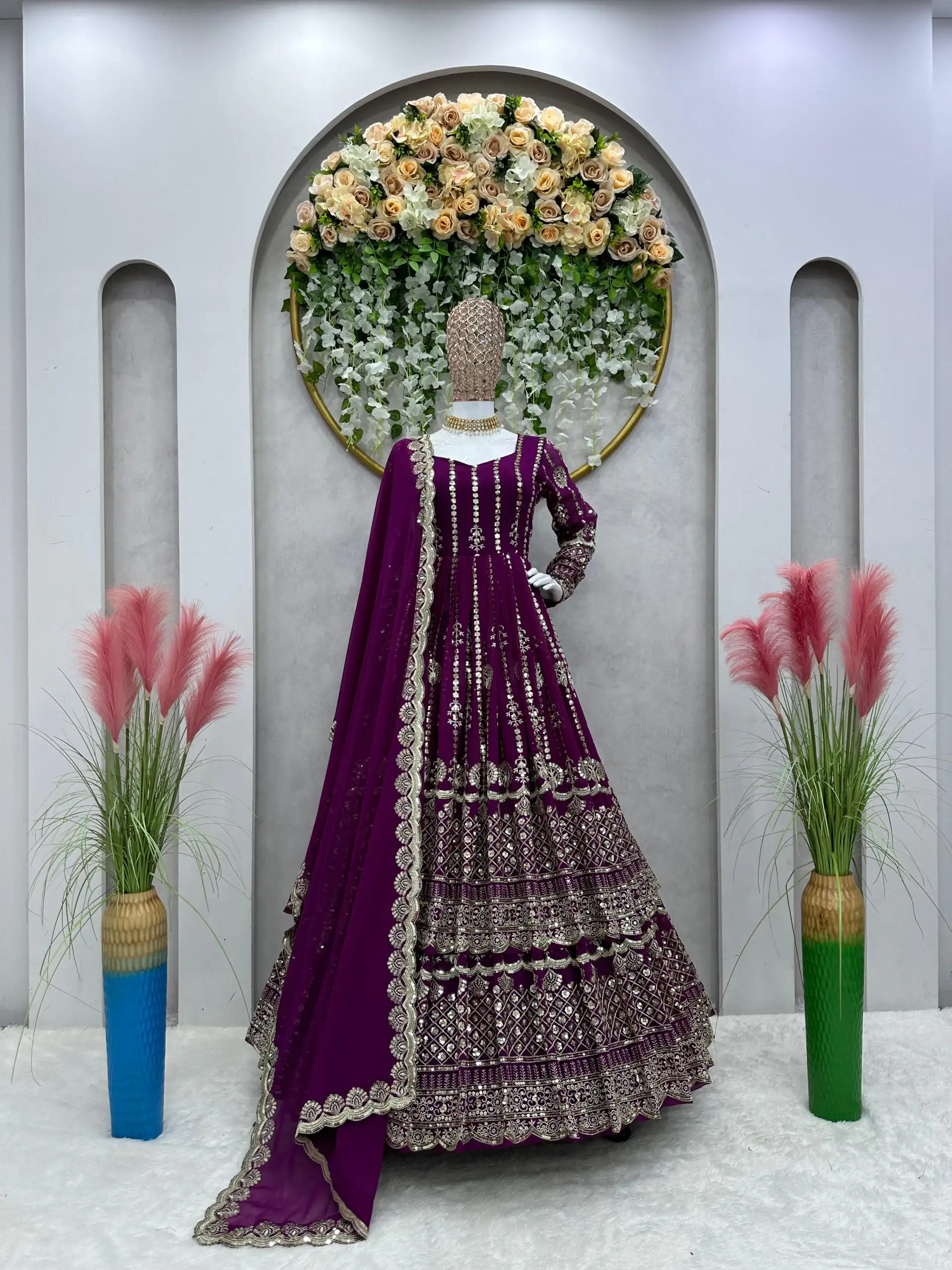 ZSR 6458 Wine color Faux Georgette With Embroidery thread with Sequence Top With Lehenga Traditional Wear, Wedding, Festive, Events. @2899/- | Lehenga, Bollywood Lehenga, Creative Lehenga, Designer Lehenga, Embroidered Lehenga, Party Wear Lehenga
