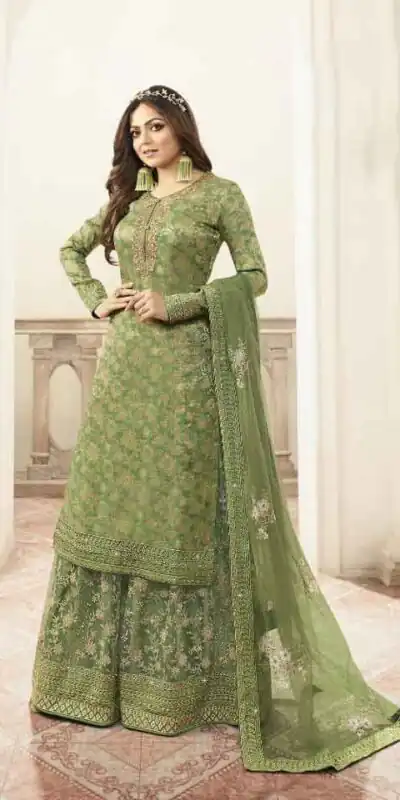 LT 5401 Green Top :- Heavy Jacquard Silk Georgette & Multi Work + Diamond Plazo :- Heavy Net & Multi Work + Diamond Rs 2499/- | Salwar suit, Casual Suits, Creative suits, Designer Suits, Palazzo Suits, Party Wear Suits, Straight Suits