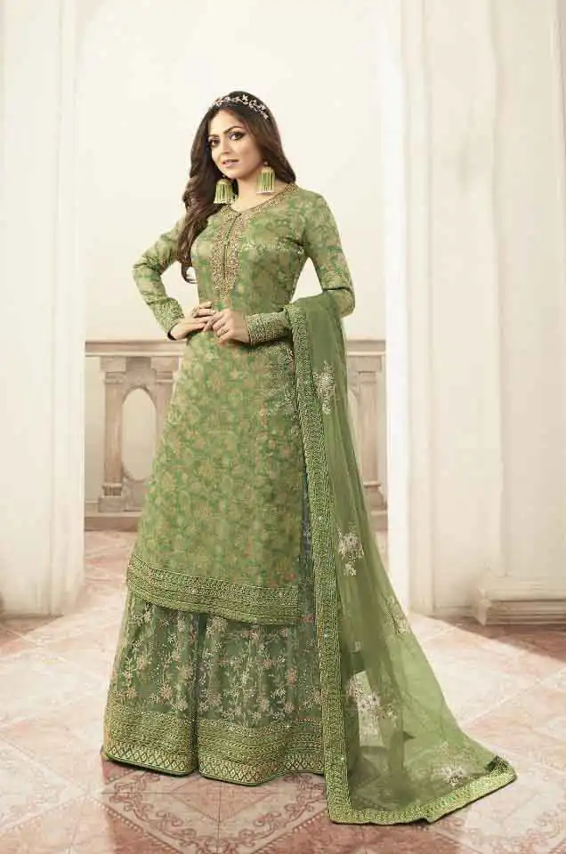LT 5401 Green Top :- Heavy Jacquard Silk Georgette & Multi Work + Diamond Plazo :- Heavy Net & Multi Work + Diamond Rs 2499/- | Salwar suit, Casual Suits, Creative suits, Designer Suits, Palazzo Suits, Party Wear Suits, Straight Suits
