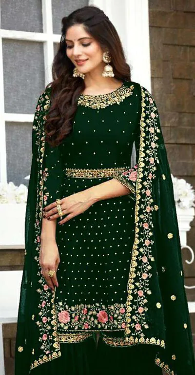 Ds 003821 Green color Georgette Embroidery Stone work Sharara suit Wedding, Party, Festive, Events Etc. Expected Delivery 4-6 Working Days @2299/- | Salwar suit, Casual Suits, Creative suits, Designer Suits, Palazzo Suits, Party Wear Suits, Straight Suits